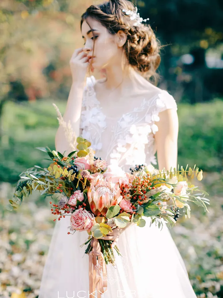 Lace wedding dress floral 3d wedding dress cream Ethereal wedding dress illusion Scoop neck  wedding dress tulle Custom dress / Lolanthe
