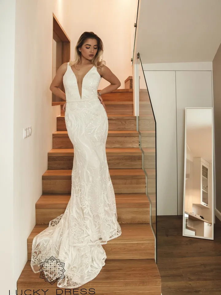 Deep V wedding dress mermaid Pearl wedding dress Bridal gown fitted Lace wedding dress backless Sexy wedding dress leaves Custom / Claudia