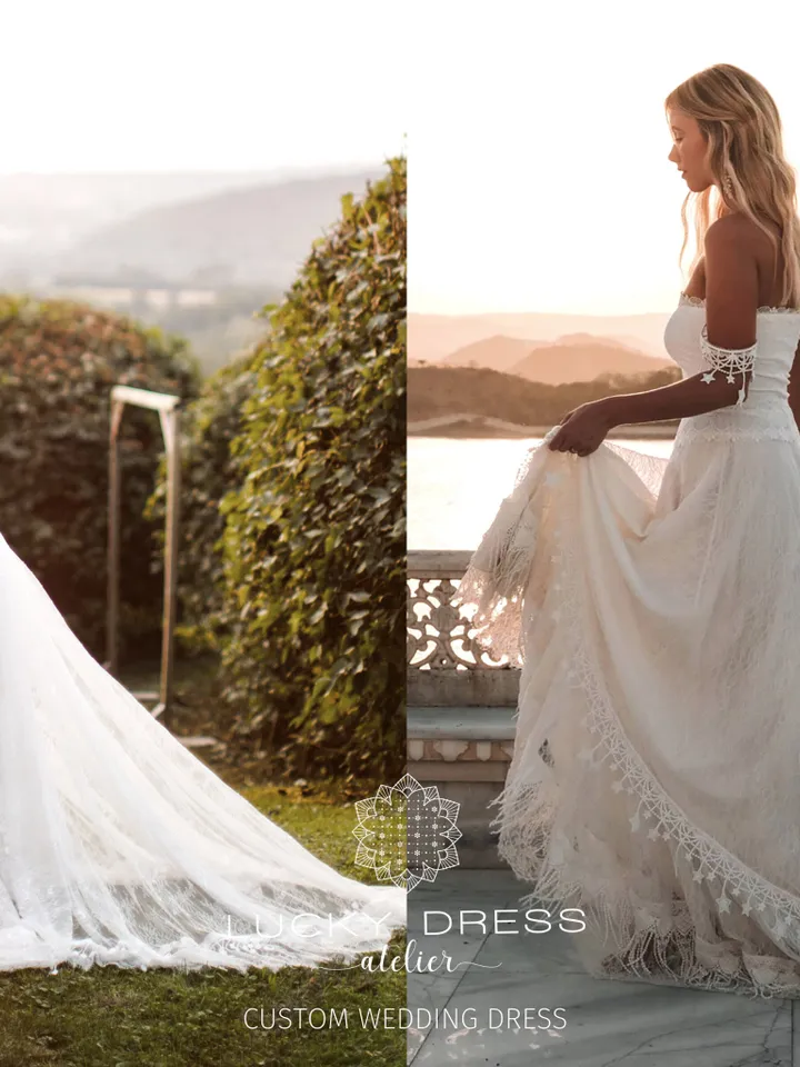 Custom wedding dress off the shoulder Tailored wedding dress boho Bespoke wedding dress star Bohemian wedding dress lace Beach / Beverly