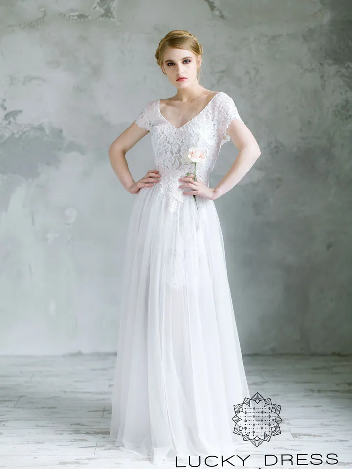 High low wedding dress short sleeves Floral wedding dress Bridal gown pink Illusion wedding dress tulle Custom wedding dress lace / Agapia
