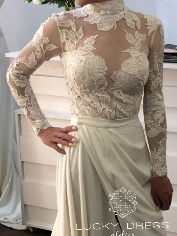 Bridal bodysuit long sleeve Wedding bodysuit lace White bodysuit high neck Sheer bodysuit woman Ivory lace bodysuit mesh Custom / Daga