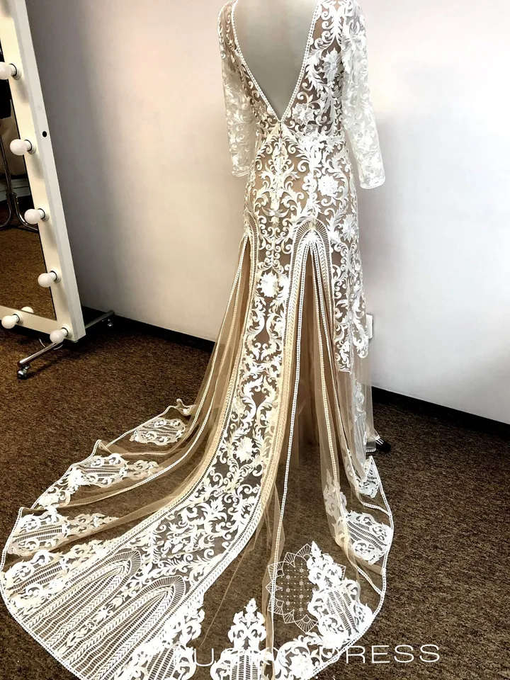 Custom wedding dress long sleeve Illusion wedding dress nude Geometric wedding dress boho Lace wedding dress / Jessica