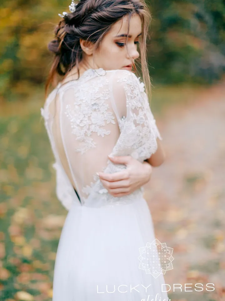 Lace wedding dress blue Victorian bridal gown vintage Tulle wedding dress A-line Illusion bridal gown 3D lace bridal dress Pale blue dress