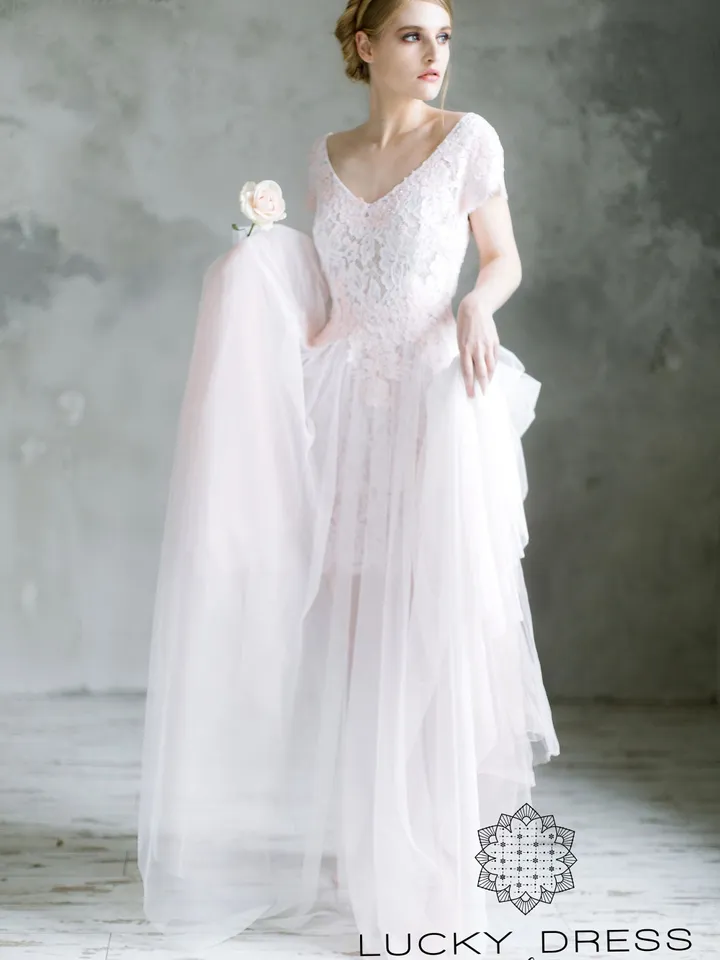 High low wedding dress short sleeves Floral wedding dress Bridal gown pink Illusion wedding dress tulle Custom wedding dress lace / Agapia