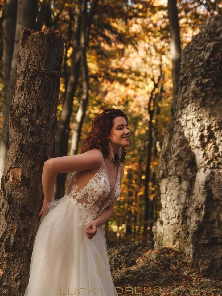 Lace wedding dress glitter Blush wedding dress deep V Bespoke wedding dress rose gold Couture wedding dress courthouse / Gabriela