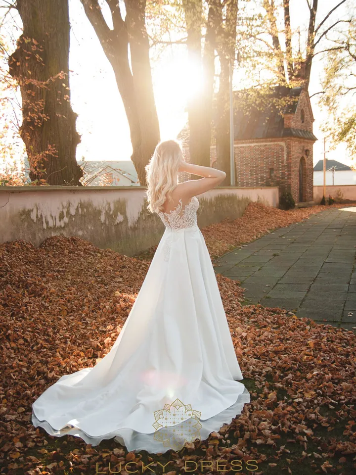 Lace wedding dress flowy Boho winter wedding dress Satin wedding dress Custom wedding dress geometric lace Illusion / Blanka
