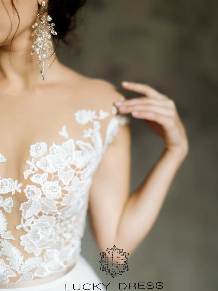 Rustic wedding dress illusion Lace wedding dress floral Cape sleeve wedding dress tattoo 3d wedding dress flowy Custom wedding dress /Emilia