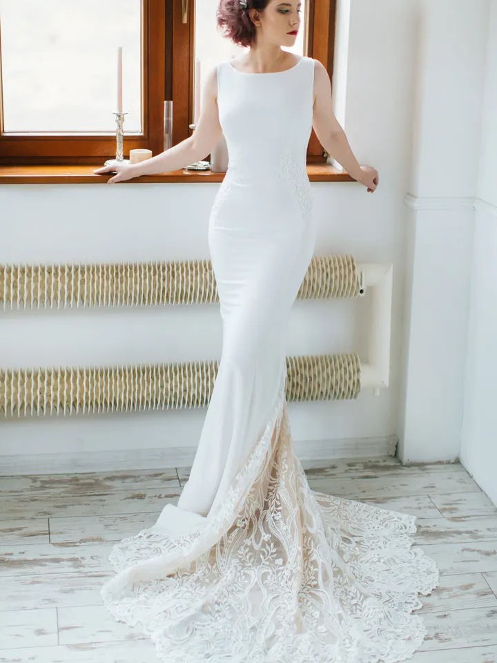 PALMYRA | Sexy wedding dress with illusion back, mermaid wedding gown, lace back and lace train, fit and flare, boat neckline, luckydress