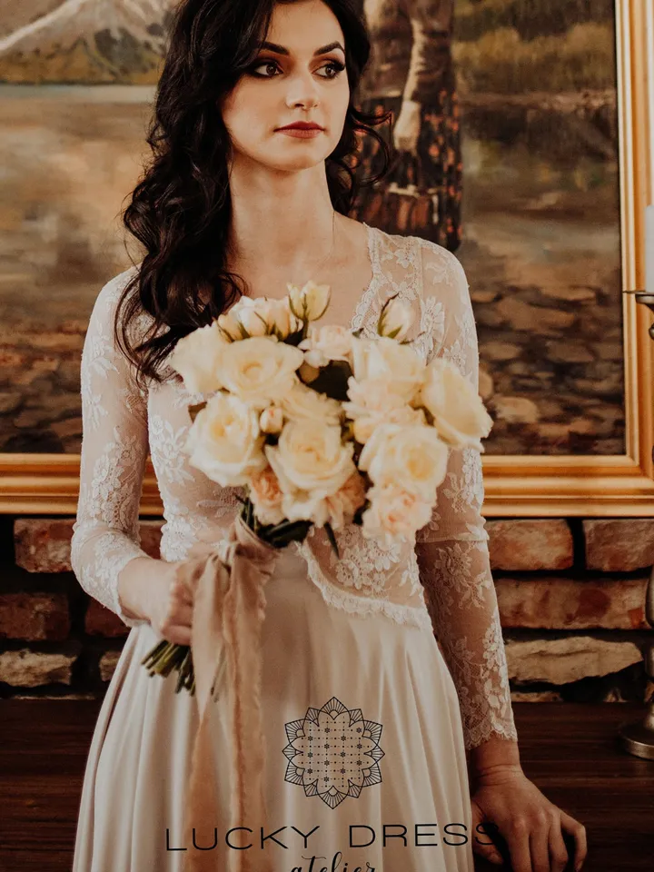 Long sleeve wedding dress illusion Winter wedding dress Bridal gown Flowy wedding dress boho Floral wedding dress lace Custom dress /Olympia