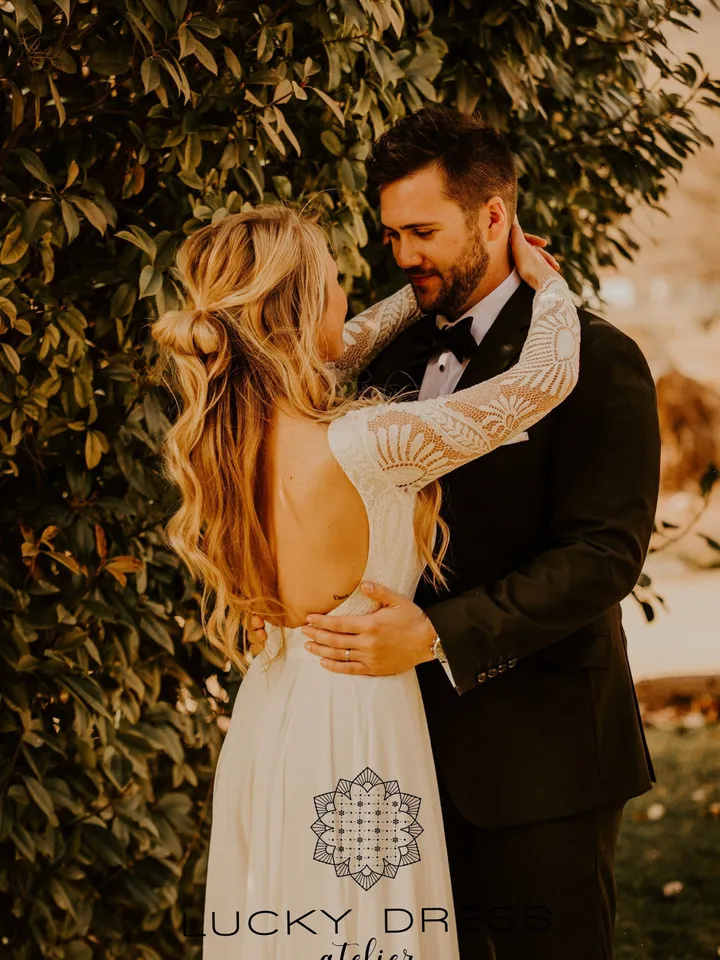 Elopement dress Long sleeve wedding dress courthouse Geometric lace wedding dress garden Chiffon wedding dress boho Bespoke dress / Mel