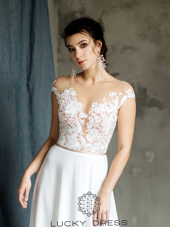 Rustic wedding dress illusion Lace wedding dress floral Cape sleeve wedding dress tattoo 3d wedding dress flowy Custom wedding dress /Emilia