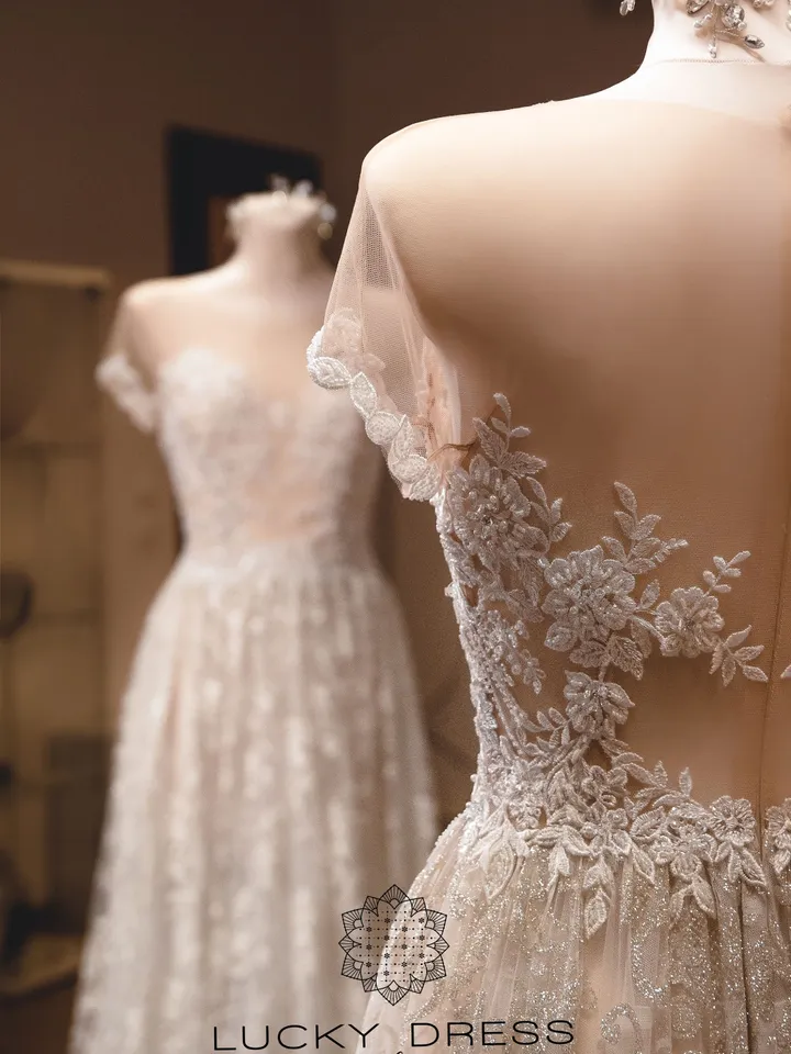 Lace wedding dress floral Glitter wedding dress gold Flowy wedding dress off the shoulder Custom wedding dress two piece Tailored dress /Ali
