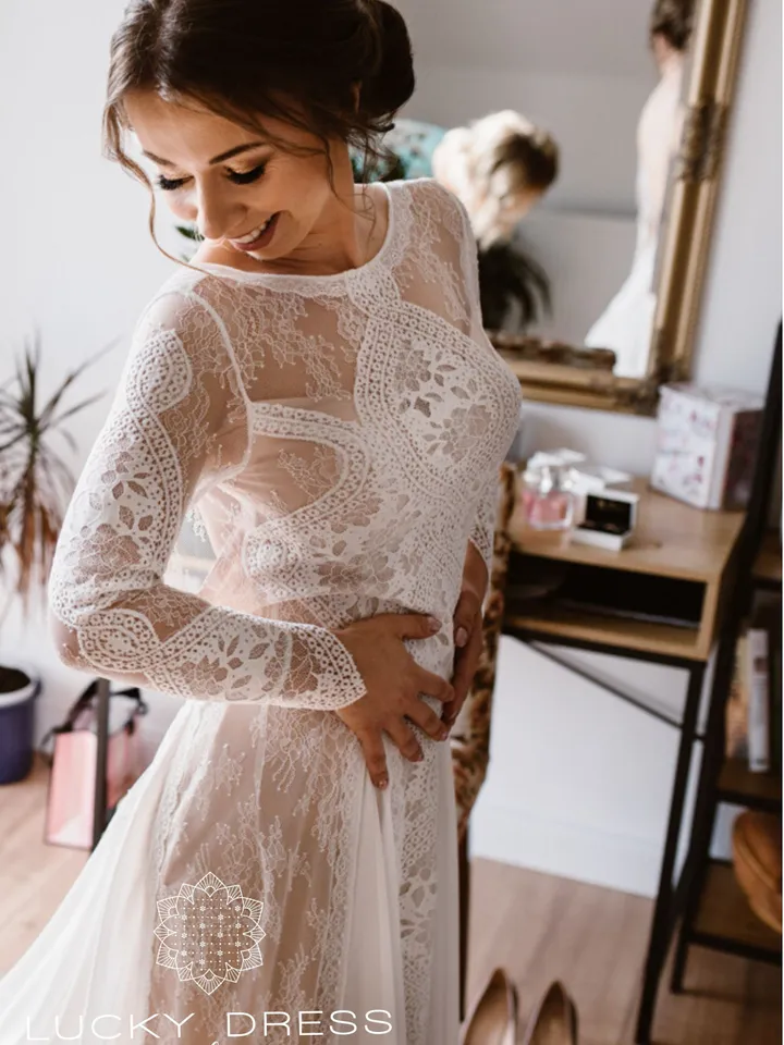 Boho wedding dress long sleeve Lace wedding dress hippie Winter wedding dress bohemian Backless wedding dress flowy Custom dress / Halina