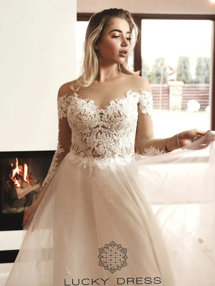 Rustic wedding dress winter Tattoo wedding dress lace Barn wedding dress pale pink Long sleeve wedding dress garden Custom dress / Daria