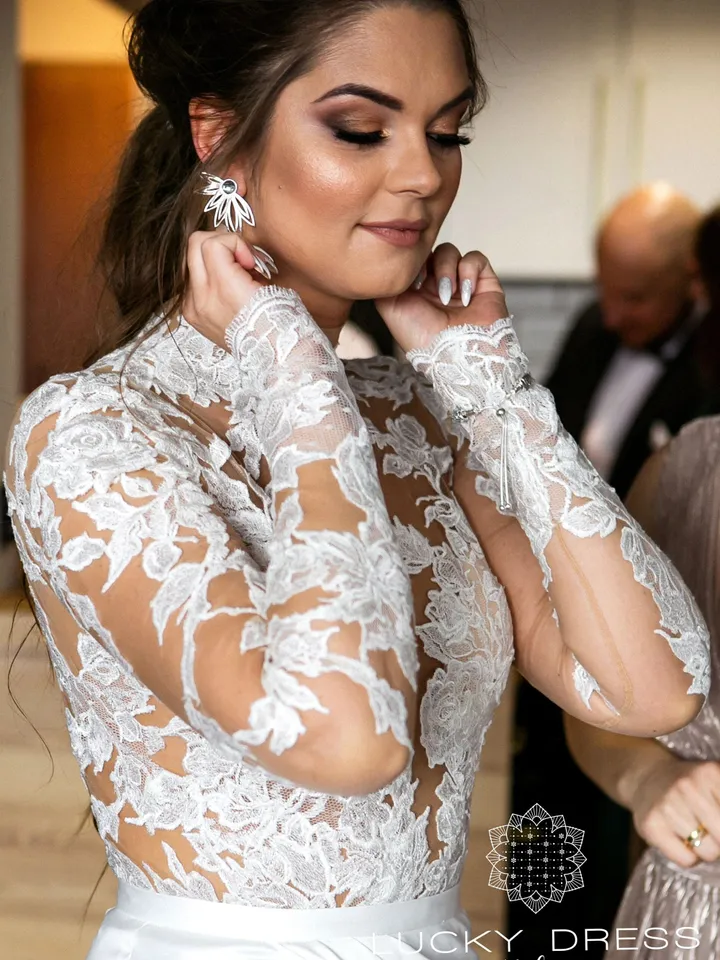 Lace wedding dress floral Long sleeve wedding dress high neck Two piece wedding dress tailored Silk wedding dress bespoke Winter dress /Daga
