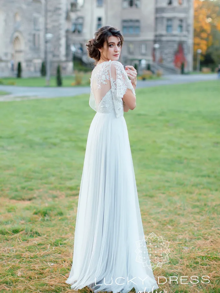 Simple wedding dress grey Courthouse wedding dress lace Minimalist wedding dress Bridal gown Garden wedding dress wedding vintage / Selina