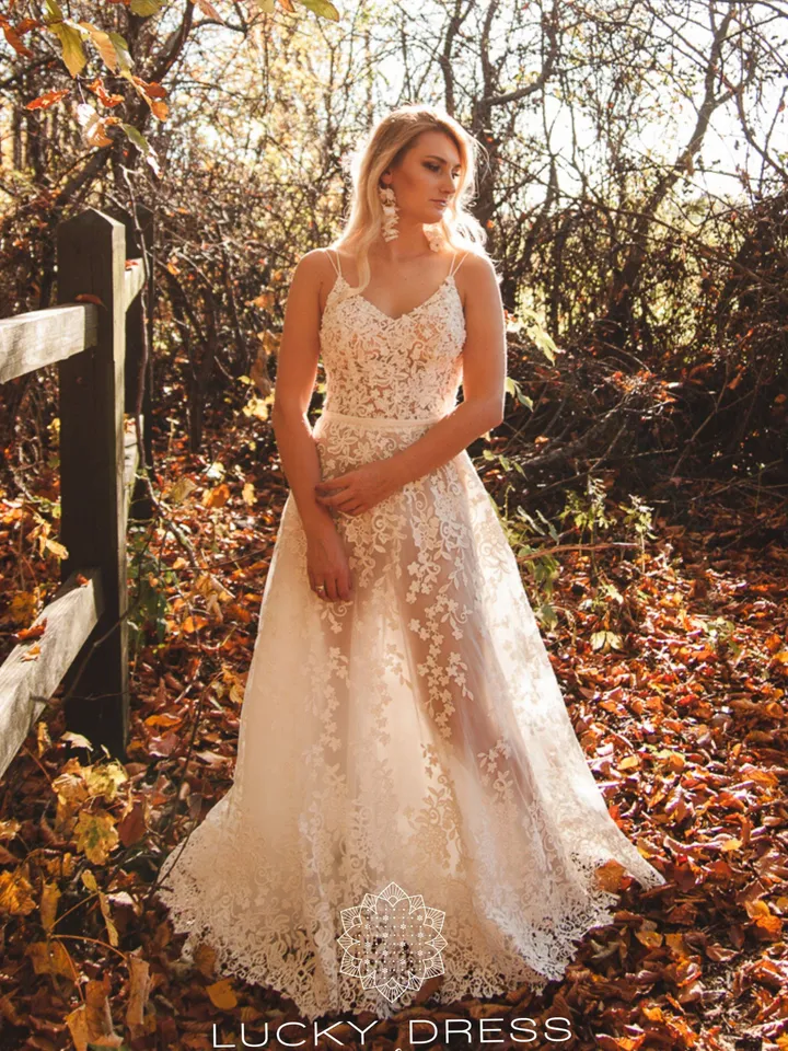 Lace wedding dress floral Custom wedding dress sexy Rustic wedding dress 3d A line wedding dress illusion Bridal gown / Fiona