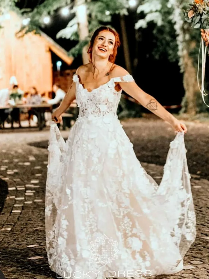 Custom wedding dress floral 3d wedding dress off the shoulder A line wedding dress corset Tailored wedding dress winter / Dagmara