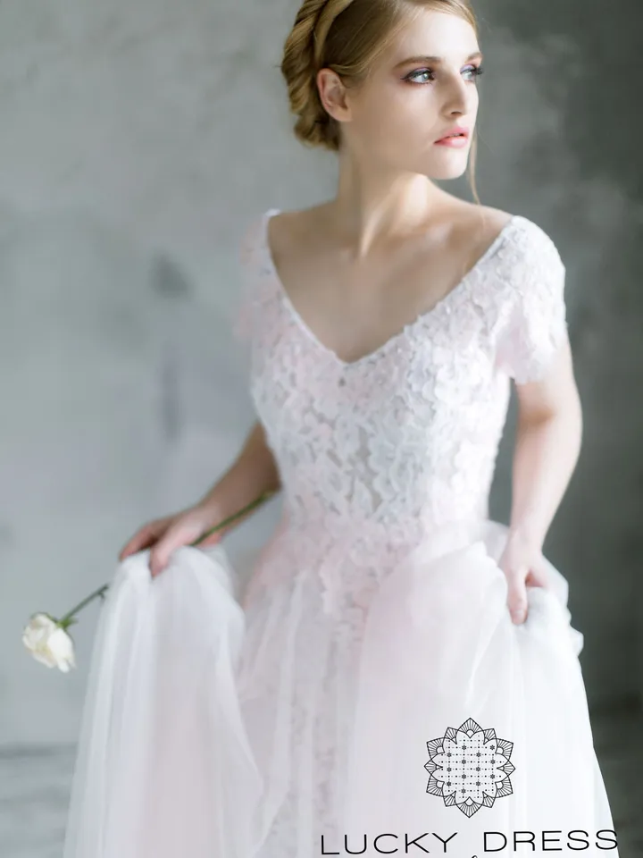 High low wedding dress short sleeves Floral wedding dress Bridal gown pink Illusion wedding dress tulle Custom wedding dress lace / Agapia