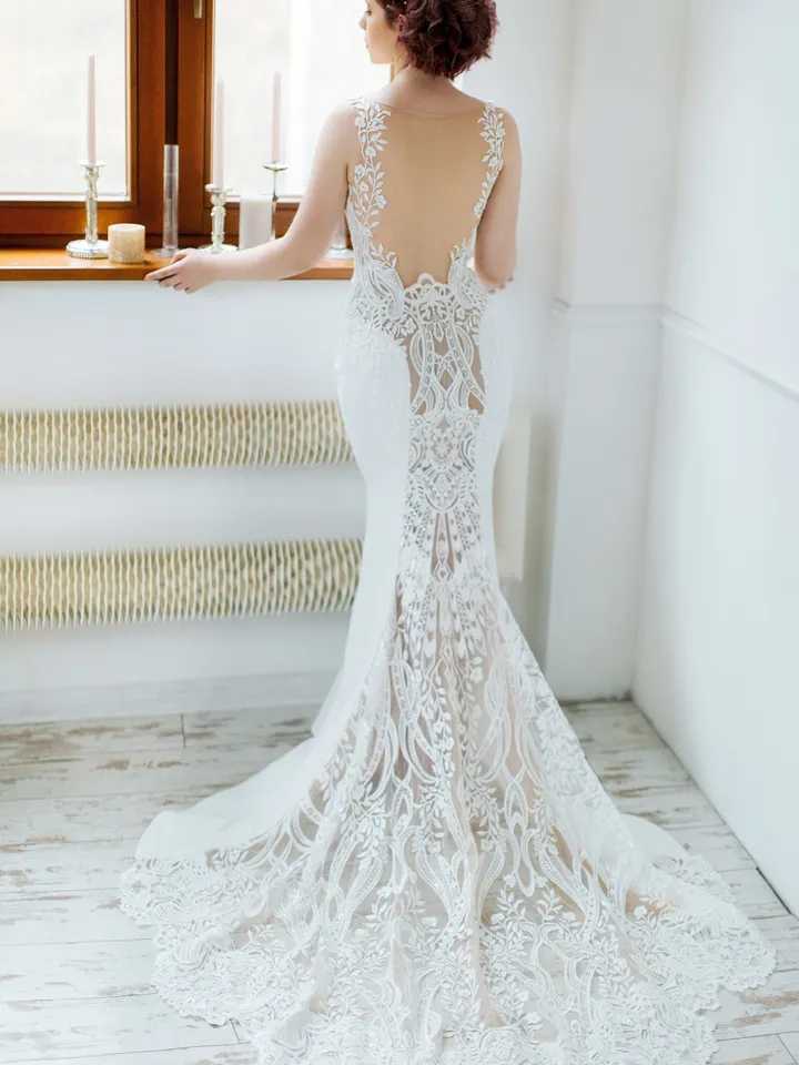 PALMYRA | Sexy wedding dress with illusion back, mermaid wedding gown, lace back and lace train, fit and flare, boat neckline, luckydress