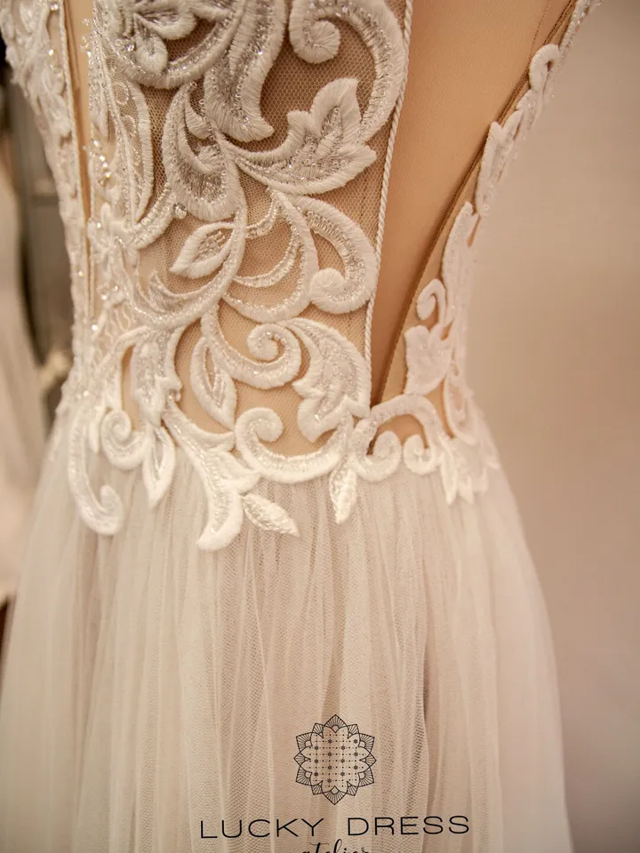 Rustic wedding dress blush Barn wedding dress tulle Garden wedding dress lace A line wedding dress deep v Custom wedding dress / Cynthia