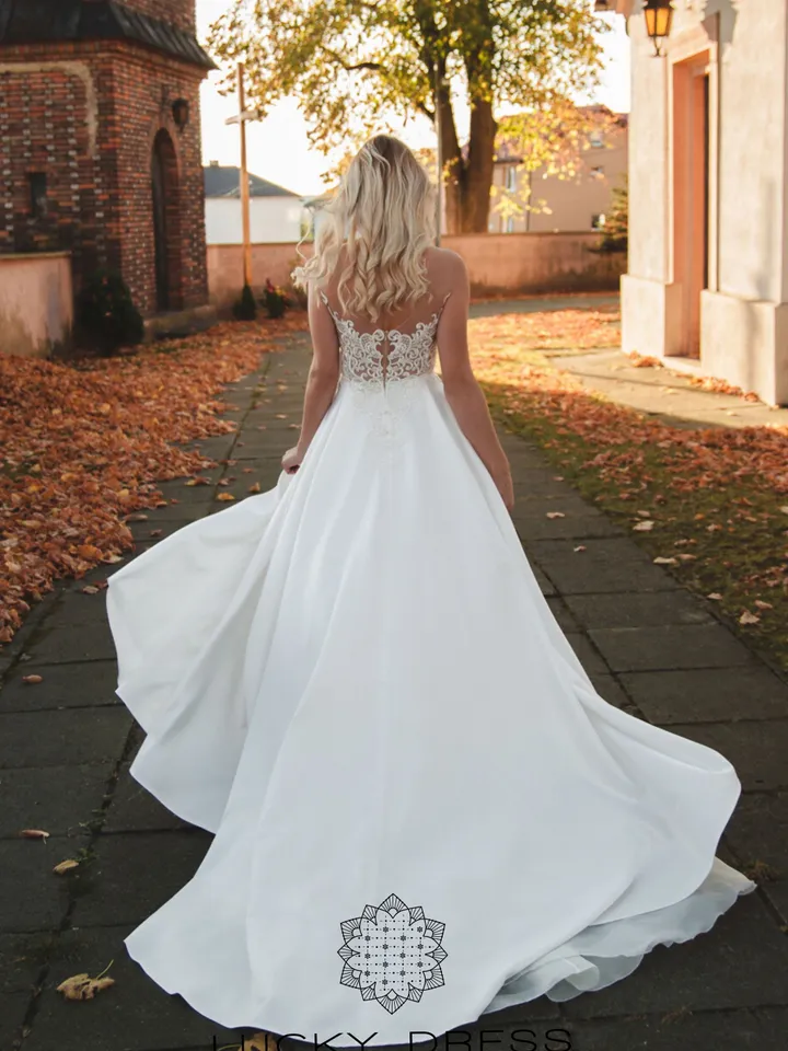 Lace wedding dress flowy Boho winter wedding dress Satin wedding dress Custom wedding dress geometric lace Illusion / Blanka