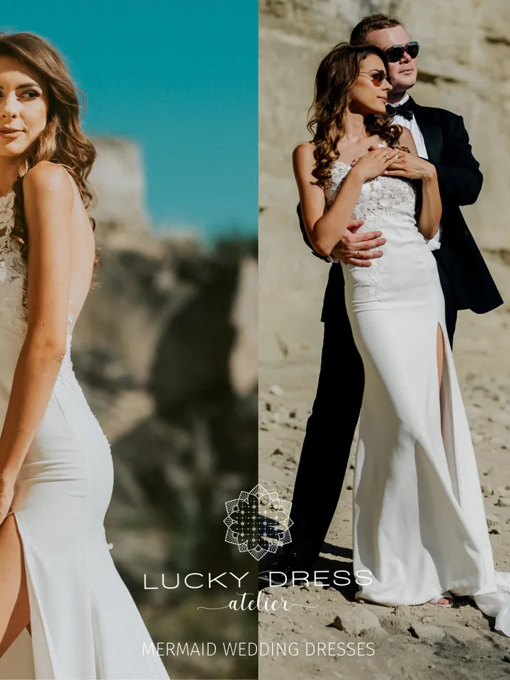 Mermaid wedding dress sexy One shoulder wedding dress fitted Crepe wedding dress with leg slit Couture wedding dress courthouse / Melisandre