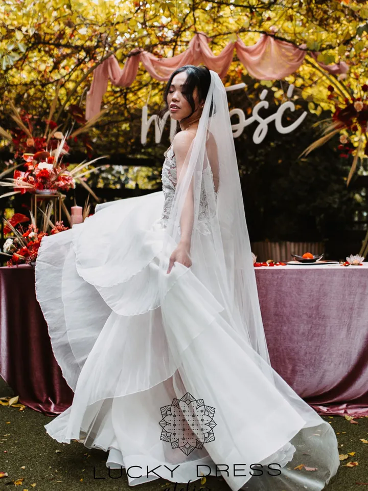 Organza wedding dress flowy Bridal gown illusion Lace wedding dress layered Floral wedding dress custom Ecru wedding dress bespoke / Kaya