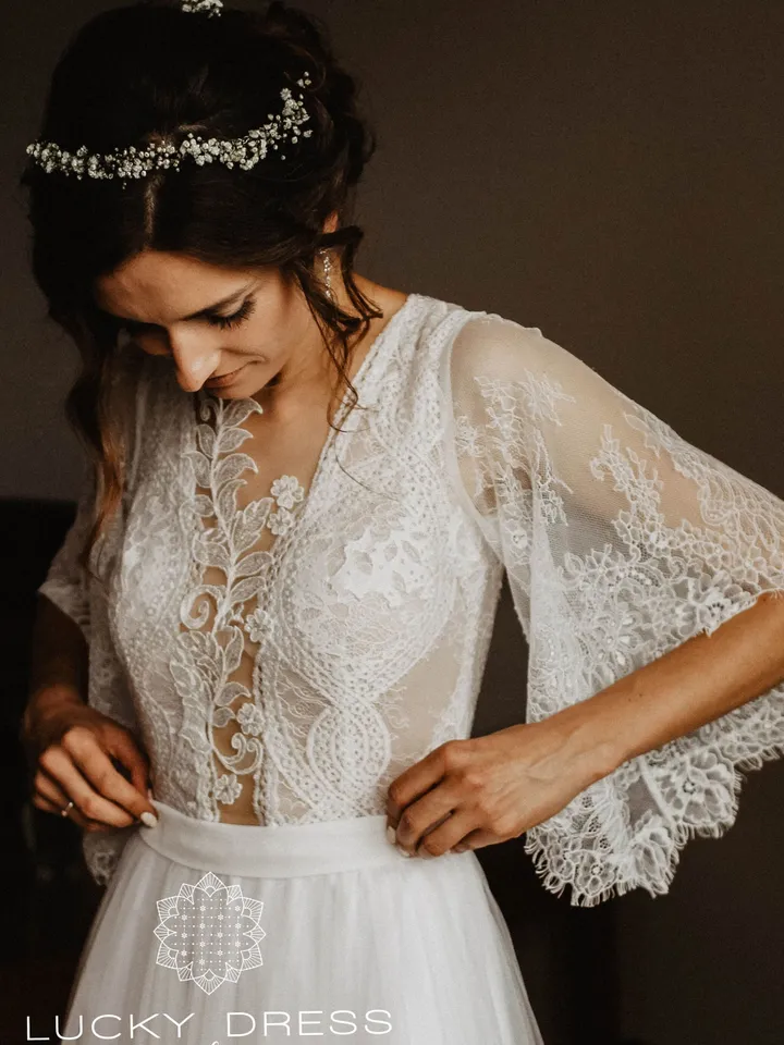 Rustic wedding dress with butterfly sleeves A-line wedding dress off-white Custom wedding dress Plunge wedding dress open back Romantic gown