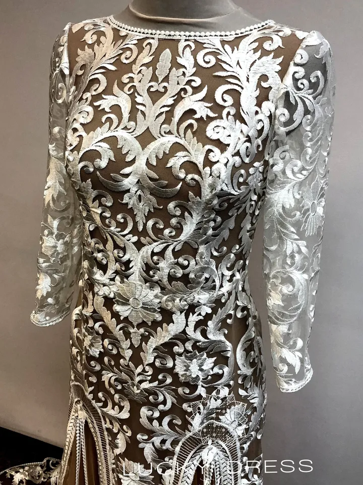 Lace wedding dress nude Geometric lace wedding dress illusion Long sleeve wedding dress sheath Backless wedding dress custom Sexy / Jessica