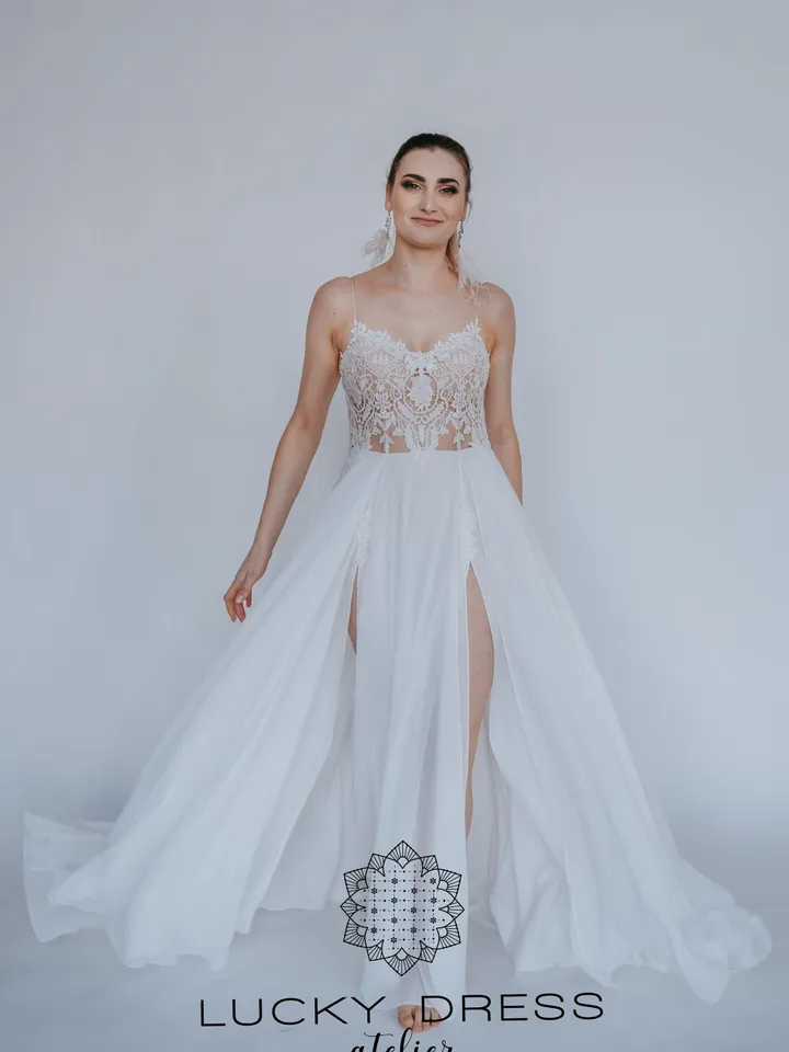 Elopement wedding dress courthouse Spaghetti strap wedding dress geometric lace Flowy wedding dress sexy Slit wedding dress / Dorothy III