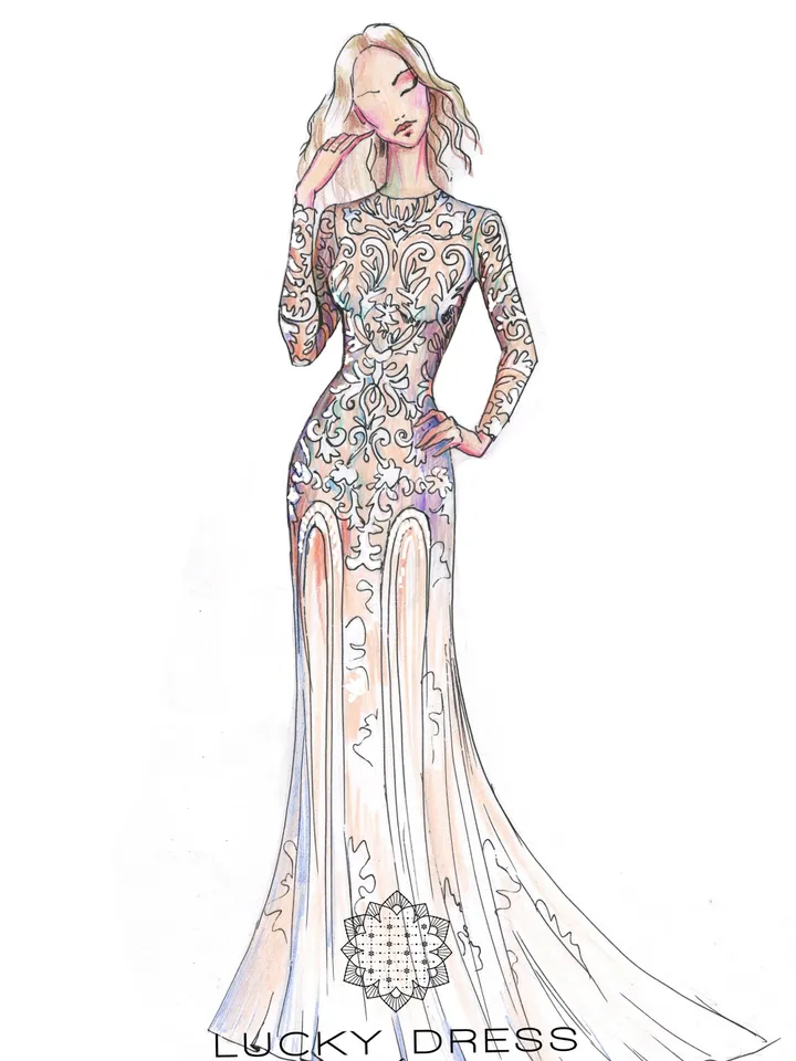Custom wedding dress long sleeve Illusion wedding dress nude Geometric wedding dress boho Lace wedding dress / Jessica