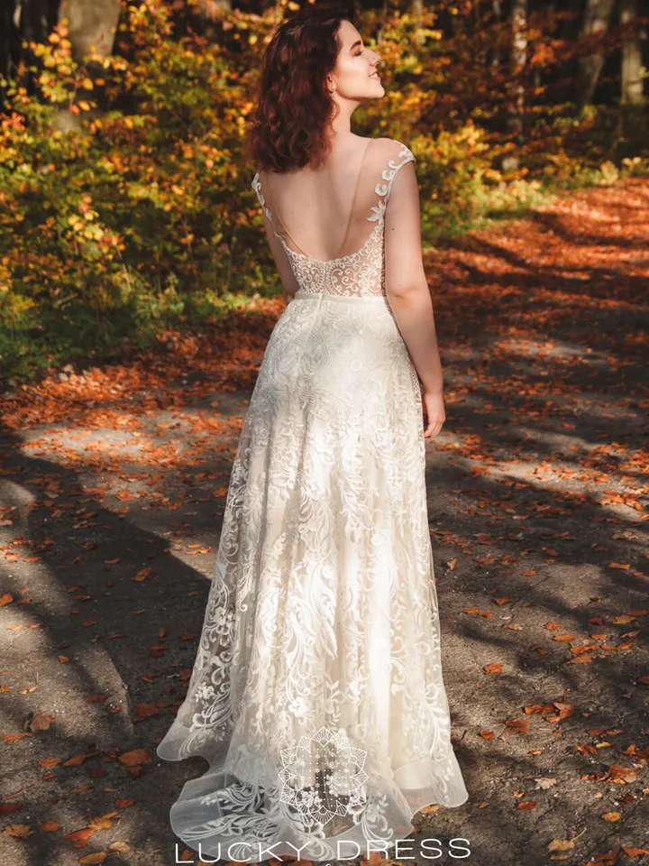 Elopement wedding dress Courthouse wedding dress short sleeves Sexy wedding dress garden Floral wedding dress backless Illusion dress /Polly
