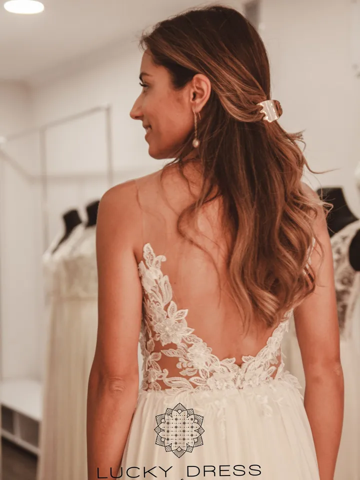 Lace wedding dress floral Illusion wedding dress flowy Sexy wedding dress custom Chiffon wedding dress tailored Courthouse dress / Neelowfer