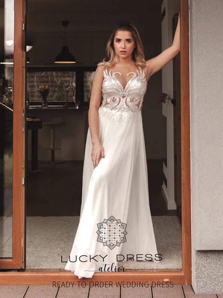 Ready to ship wedding dress US 4 / Silk wedding dress Sequin wedding dress Backless wedding dress Sexy wedding dress Courthouse / Catrice
