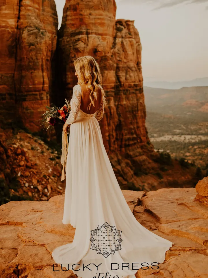 Boho wedding dress Lace wedding dress Long sleeve wedding dress Geometric lace wedding dress Backless wedding dress Garden wedding dress/Mel