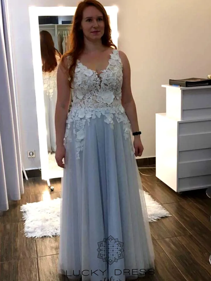 Plus size wedding dress boho Tulle wedding dress blue Lace wedding dress 3d A line wedding dress custom Floral wedding dress tailored / Kate