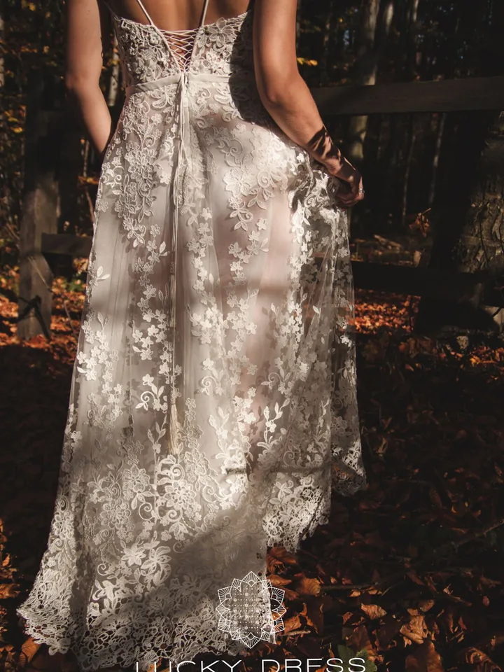 Lace wedding dress floral Custom wedding dress sexy Rustic wedding dress 3d A line wedding dress illusion Bridal gown / Fiona