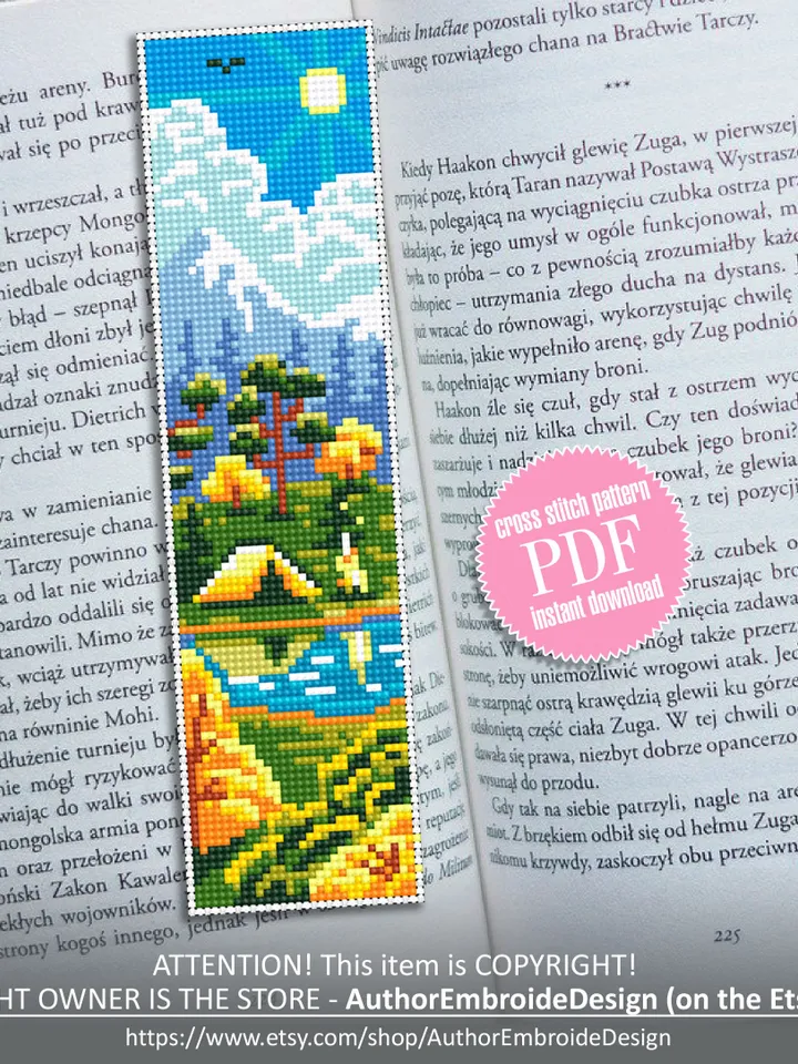 Bookmark camping cross stitch pattern digital PDF Handmade bookmark nature embroidery beginners Instant download Gift for book lover #B13