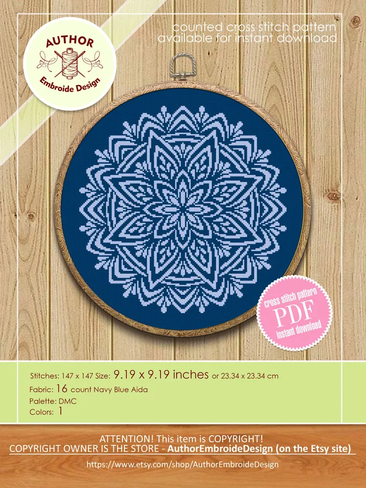 Flower mandala cross stitch pattern PDF download Mandala ornament cross stitch chart, Monochrome floral mandala pattern digital PDF #M232