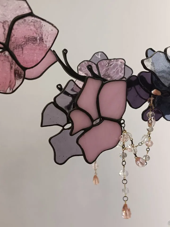3D Pink and Purple Stained Glass Branch, 3D Pink and Purple Stained Glass Branch, Pink-Purple Floral Branch in 3D Stained Glass, 3D Stained Glass Blossom Branch in Rose and Violet, Handcrafted 3D Stained Glass Flowering Twig, Rose-Violet Glass Flower Stem