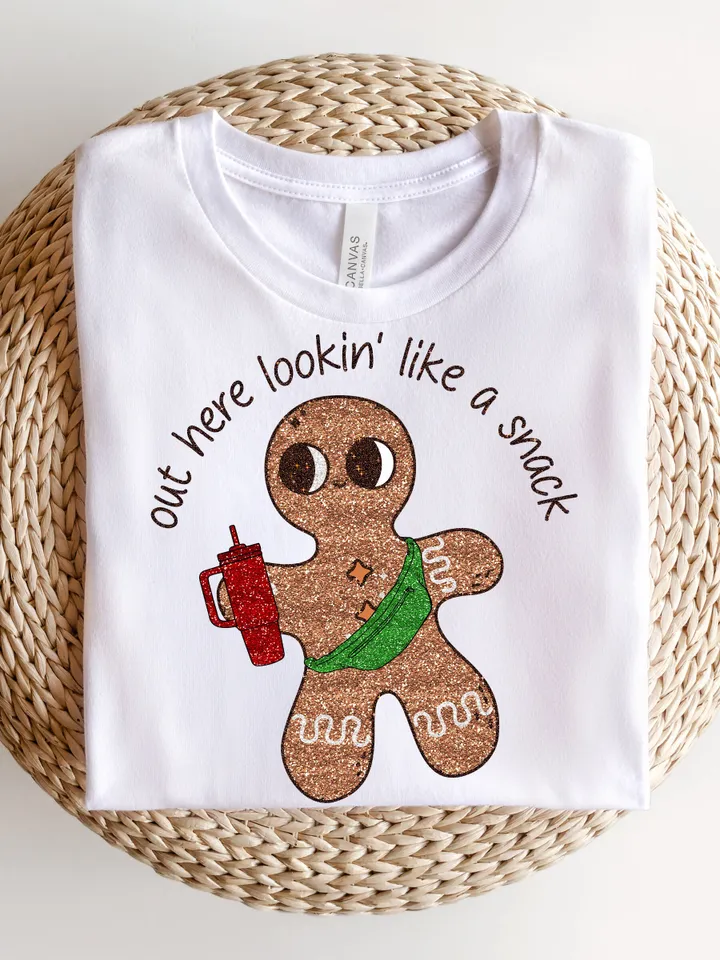 Sparkly Gingerbread Man PNG Christmas PNG Glitter Sequins Shirt Sublimation Design Out here Looking Like a Snack, Bougie png