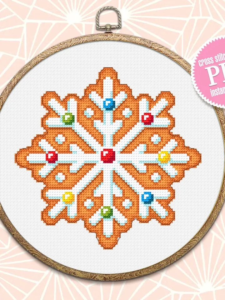 Gingerbread snowflake cross stitch pattern download PDF, Christmas gingerbread cross stitch chart, Small Christmas pattern digital PDF #N90