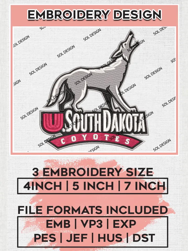 NCAA South Dakota Coyotes Team Wolf Logo Embroidery Design Files, NCAA South Dakota Coyotes Machine Embroidery, NCAA Teams, Game Day, 3 sizes, NCAA Machine embroidery designs, Digital Download