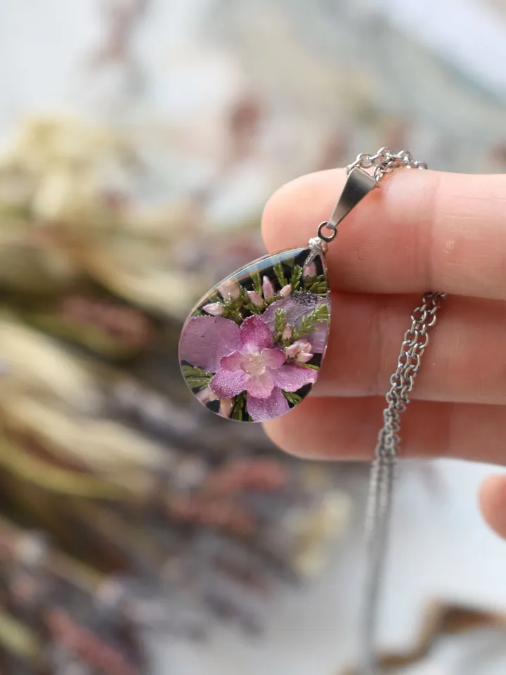 Real hydrangea and heather Pendant. Pendant-drop with real pink hydrangea. Real hydrangea in resin.
