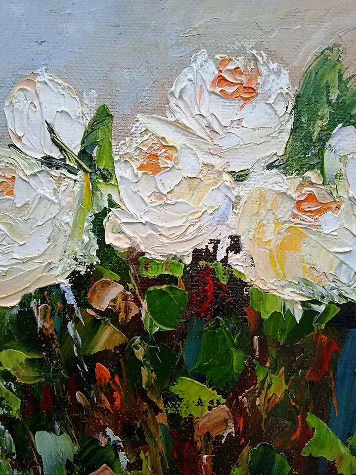 Roses White Flowers Original Oil Painting / Home Decoration / Composition / Art