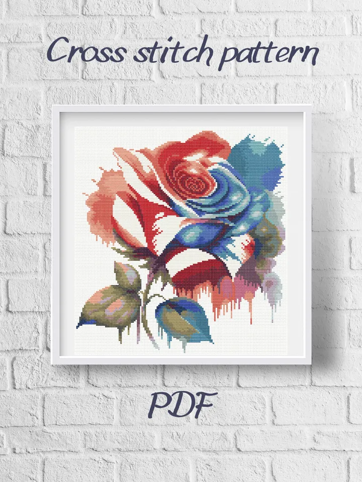 Cross stitch pattern / Watercolor rose pattern / Cross stitch chart PDF / Flower cross stitch chart / Flag colors Rose