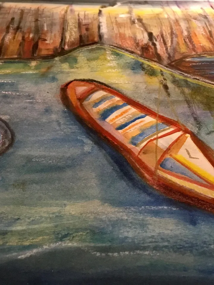 Fantasy cityscape with a boat,original watercolour mix media painting on watercolour 350 g paper,fantasy landscape wall hanging.