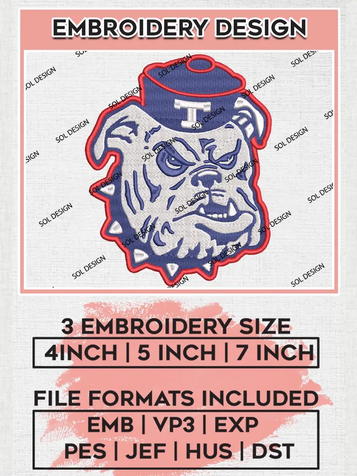 Louisiana Tech Bulldogs College Team Head Mascot Logo Embroidery Design Files, NCAA Louisiana Tech Bulldogs Machine Embroidery, NCAA Teams, 3 sizes, NCAA Machine embroidery designs, Digital Download