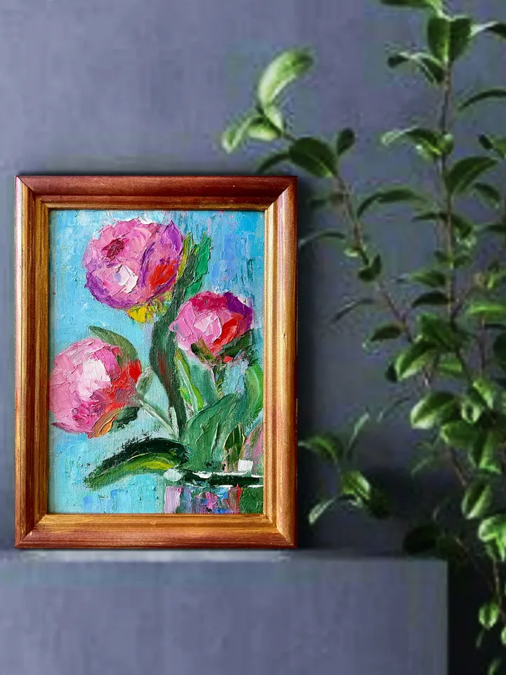 Original oil painting Framed Peony Painting Pink Flower Painting